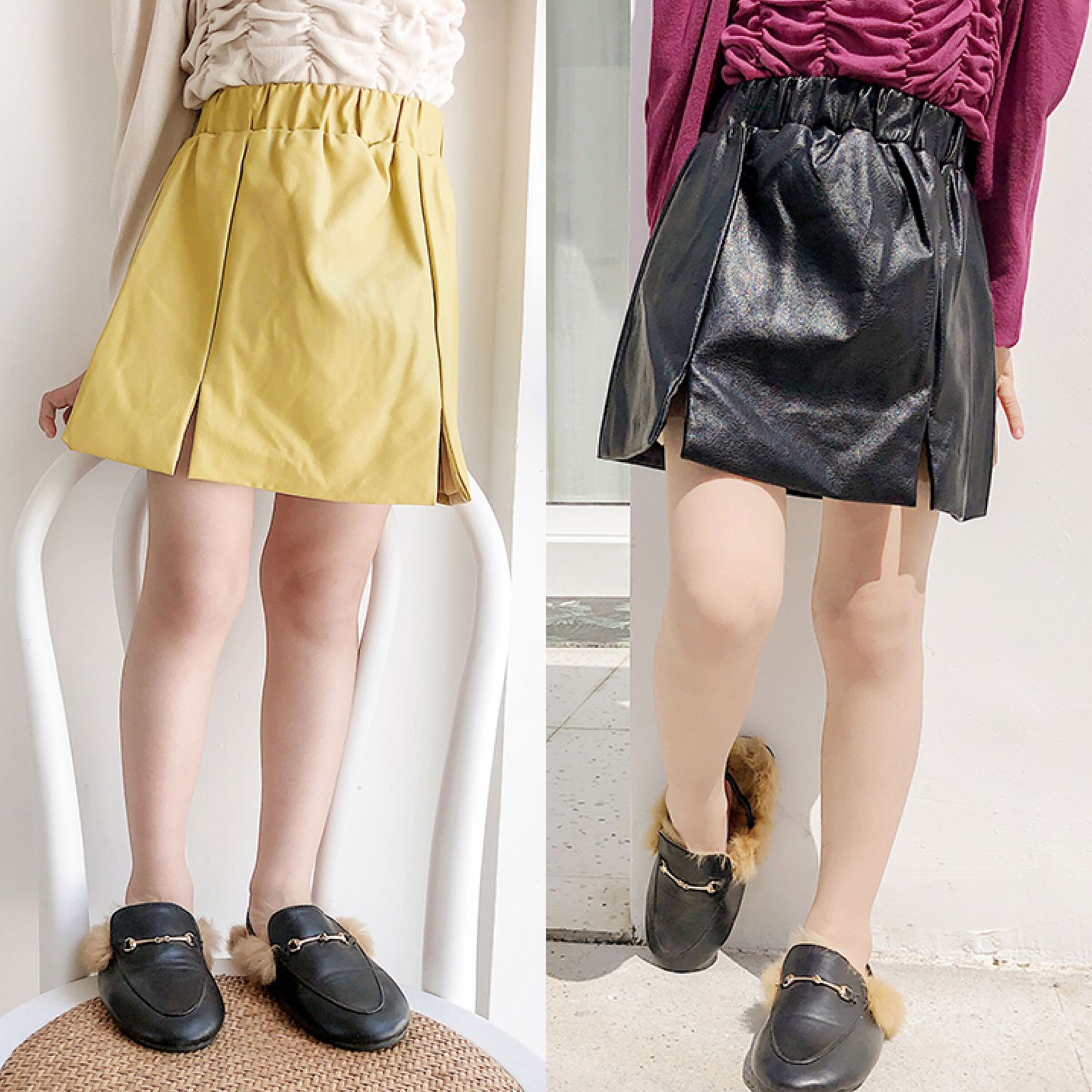 Children's Semi-Body Skirt 2024 Spring and Autumn Outfit for Girls, Pure Color Versatile Short Skirt, Stylish PU Leather Mini Skirt