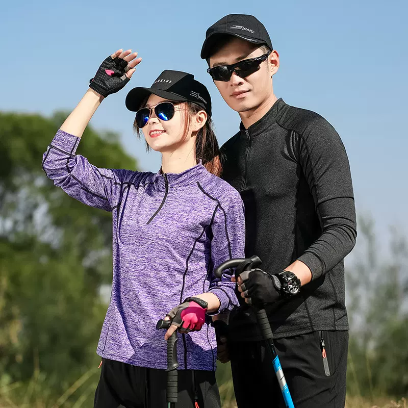 厂家批发户外秋装立领速干衣情侣款弹力长袖 T恤男健身服运动服女