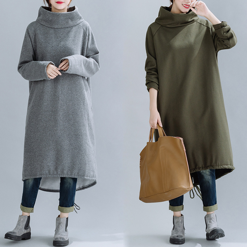 Real shot women's clothing plus size loose sweater robe turtleneck velvet cotton linen dress women Real shot women's clothing plus size loose sweater robe turtleneck velvet cotton linen dress women