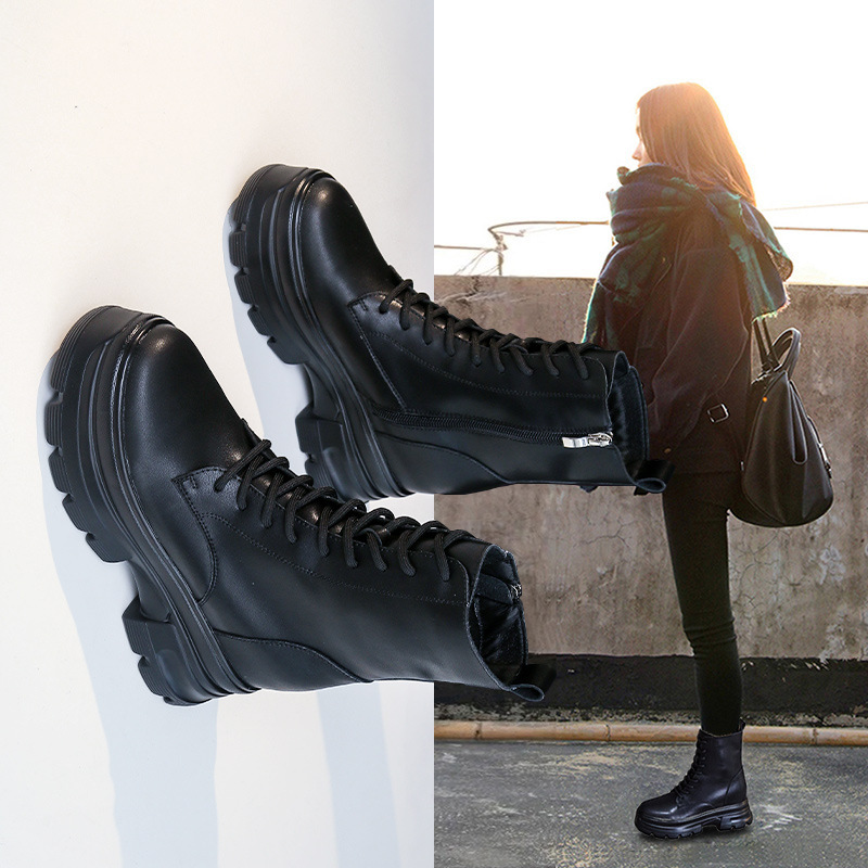 Women's Short Boots with Hidden Height Increase, British Style, 2026 Autumn and Winter New Model, Thick-Soled, Simple and Fashionable Leather Boots for Women