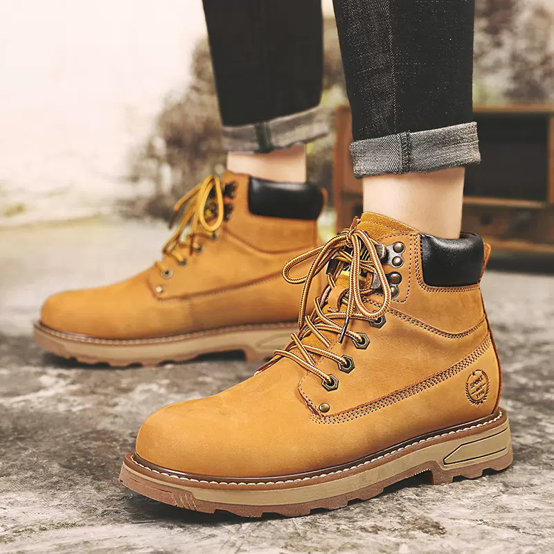 靴子男大码牛皮马丁靴男高帮鞋男大黄靴工装男靴增高特大码加绒