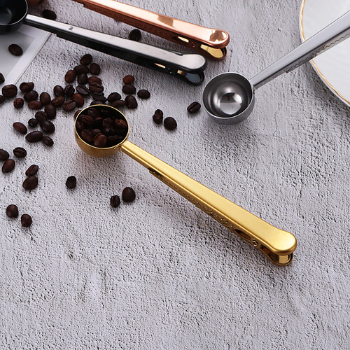 Stainless steel coffee bean spoon clip creative two-in-one measuring spoon with sealed mouth clip brushed matte gold milk powder spoon