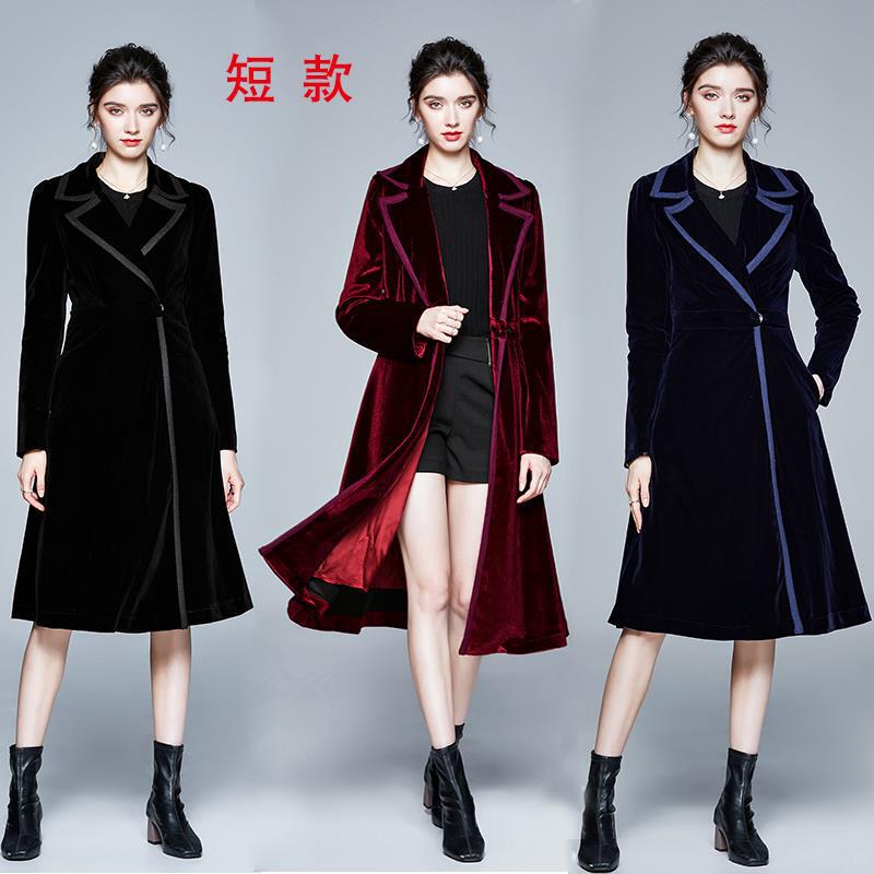 2025 Autumn/Winter Women's Slim Velvet Jacket European and American Style British Style Long Dress Coat Simple Trench Coat Ol