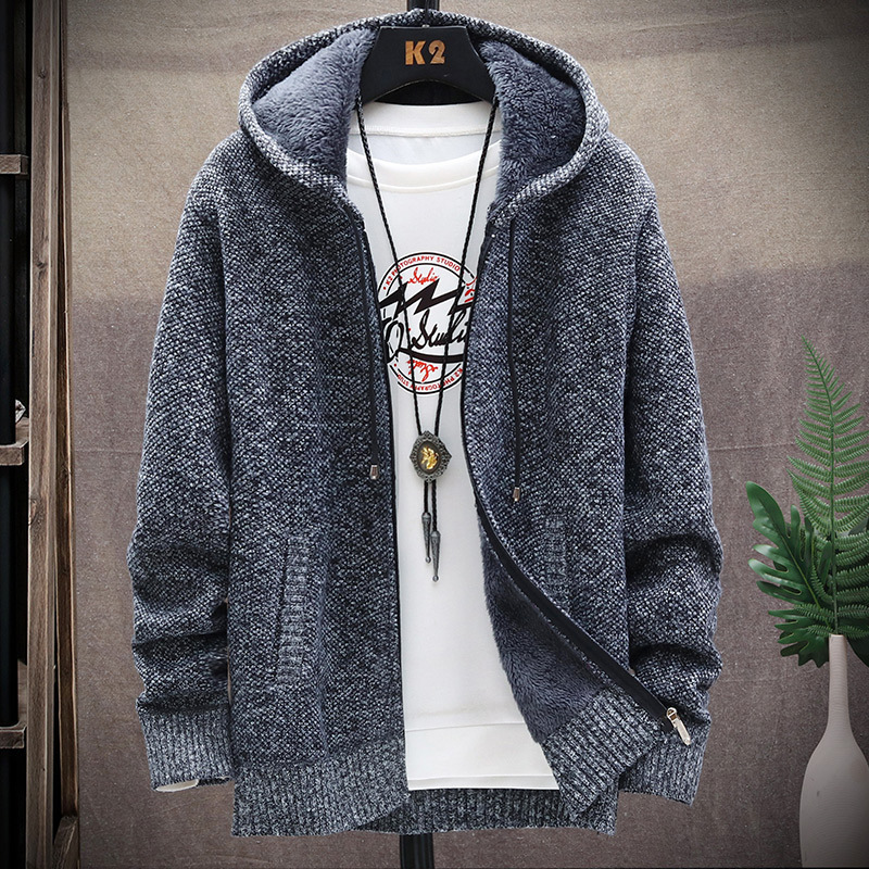 2026 Autumn and Winter New Style Fleece-Lined Thickened Large Size Export Sweater Jacket Hooded Cardigan Men's Zippered Knit Jacket