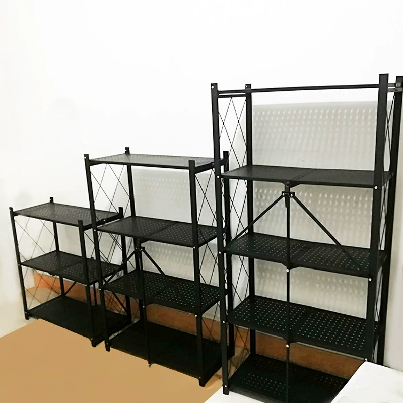 Folding Shelf Rack, 5-Layer Black Steel Pipe Storage, Foldable Multi-Size Organizer