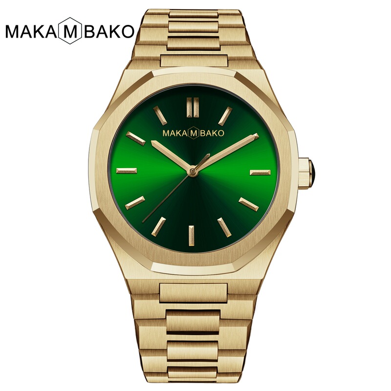 makambako Quartz Movement Waterproof Green Gold Stainless Steel Chain Strap Fashion Trendy Personalized Wrist Men's Watch