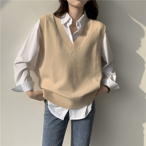 Spring and Autumn new style loose and versatile lazy style pullover v-neck vest vest sleeveless knitted waistcoat student sweater for women