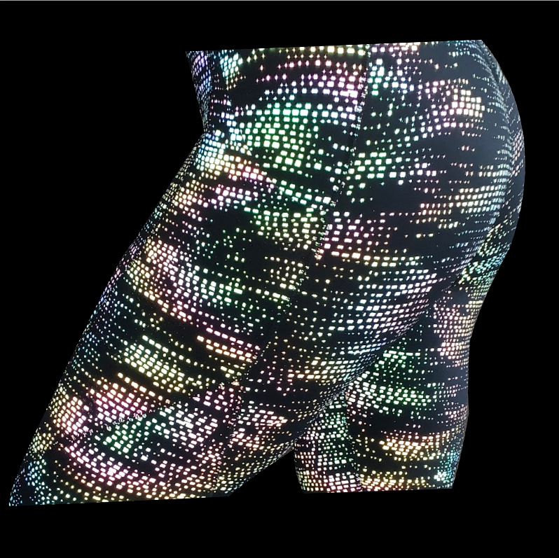 厂家直供 反光印花布 莱卡高弹弹力佳积布 运动裤瑜伽服反光面料