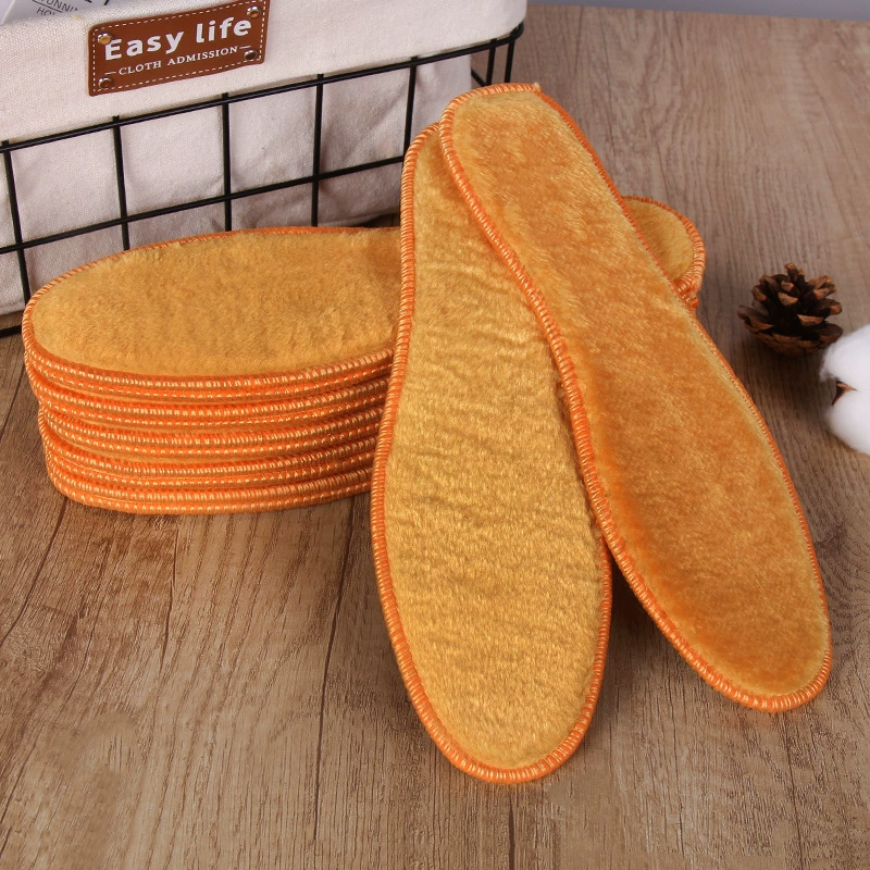 Индивидуальная упаковка/5 пар зимних утепленных стельок из золотистого вельвета с флисовой подкладкой, кожаными и меховыми вставками, с дополнительным флисом и утолщением