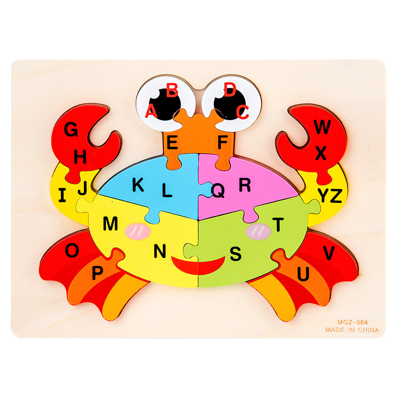 Cruz-frontera niños de madera hebilla animal rompecabezas digital tridimensional 26-Carta rompecabezas educación temprana juguetes educativos al por mayor