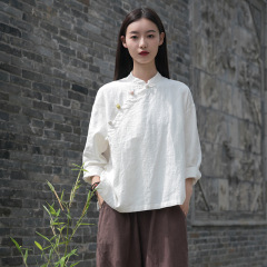 25秋の新作中国風レディース国民風スタンドカラーピースカラーブロックボタントップ綿とリネン禅茶服女性用シャツ