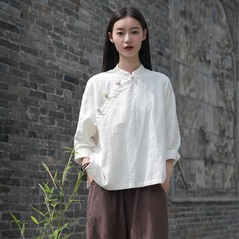 26 Autumn New Chinese Style Women's Clothing National Style Stand Collar Asymmetrical Color Block Buttoned Top Cotton Linen Zen Tea Wear Women's Shirt 26 Autumn New Chinese Style Women's Clothing National Style Stand Collar Asymmetrical Color Block Buttoned Top Cotton Linen Zen Tea Wear Women's Shirt