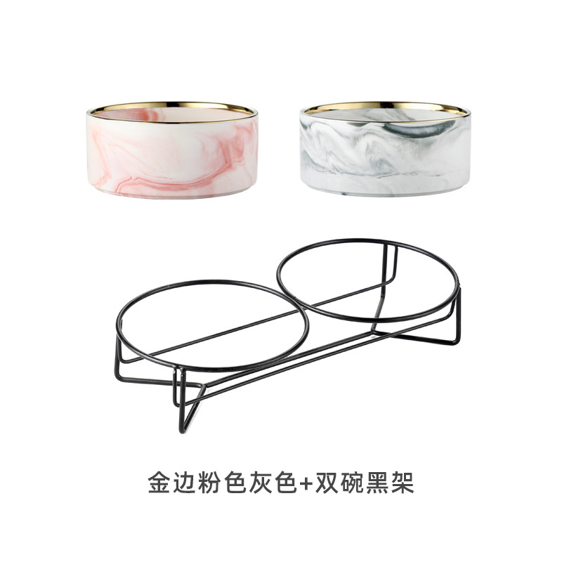 Marbling borde dorado rosa + borde dorado Gris (Tazón doble + Marco de hierro negro)