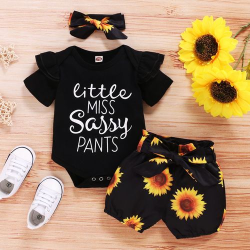 Women's Spring and Autumn Style 2020 New Korean Version Bestselling Letter Print Short-Sleeve Top + Sunflower Short Shorts Three-Piece Set