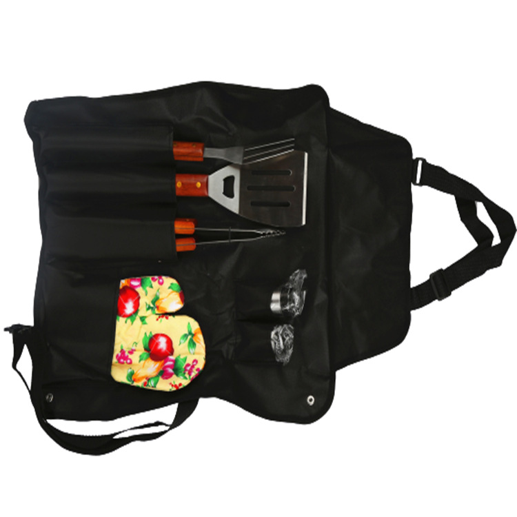 Conjunto de siete piezas de falda bolsa mango de madera barbacoa herramientas traje Yangjiang fábrica directa barbacoa traje