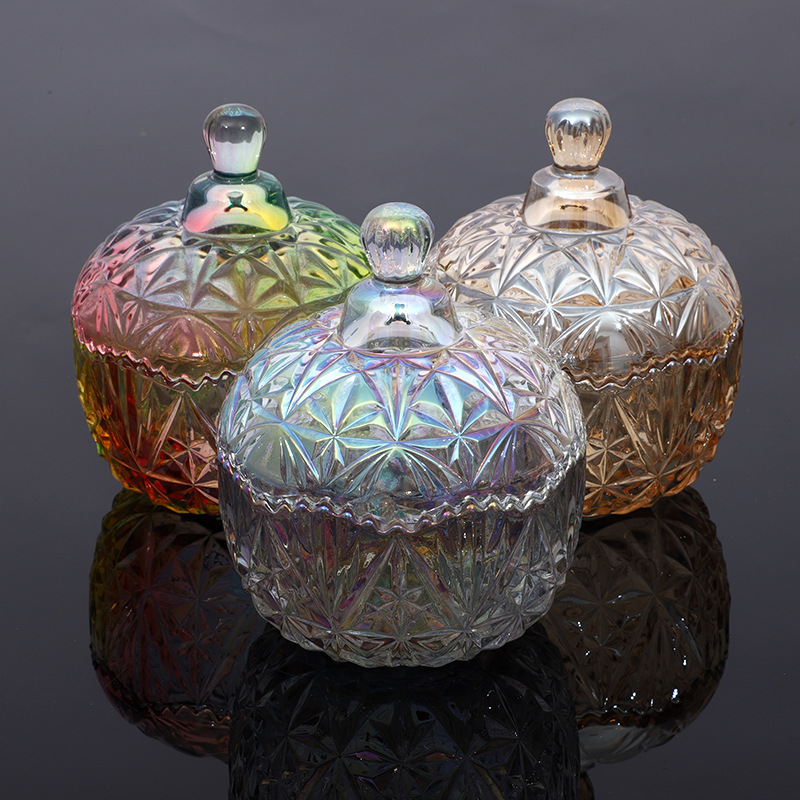 琉璃炫彩琥珀玻璃糖缸小蒙古小钻石糖果盅储物罐消磁碗密封条纹|ms