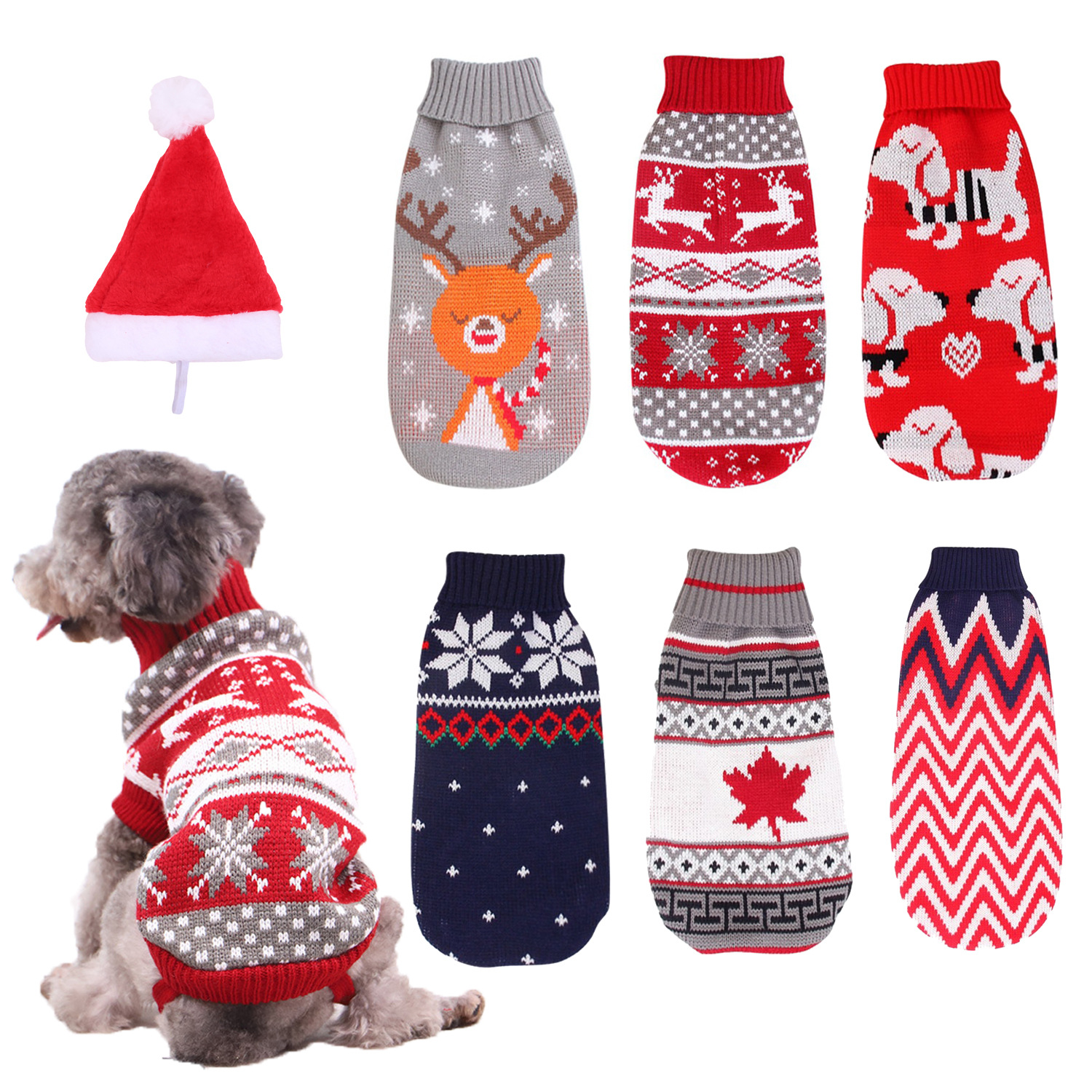 Christmas Reindeer Maple Leaf Snowflake Holiday Pet Clothes Turtleneck Knitted Sweater Dog Cat Clothing Winter Coat_voghion.com