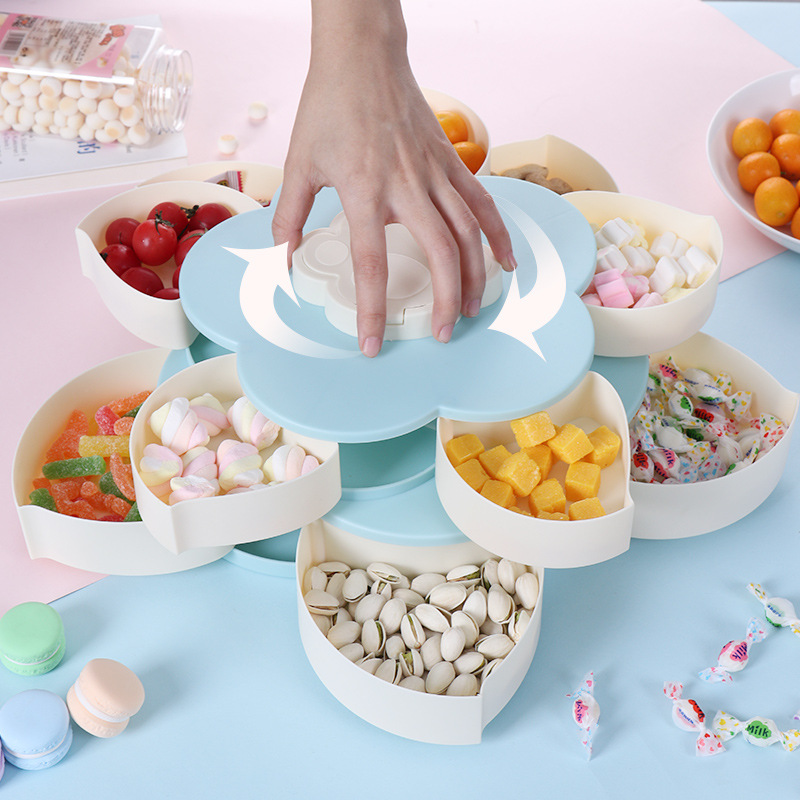 Petal Rotating Candy Box Double-layer Dried Fruit Plate Living Room Household Split Snacks Nut Plate Gift Set logo