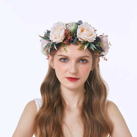赫拉欧式大玫瑰花朵新娘花环头饰度假配饰婚纱摄影写真婚礼发饰