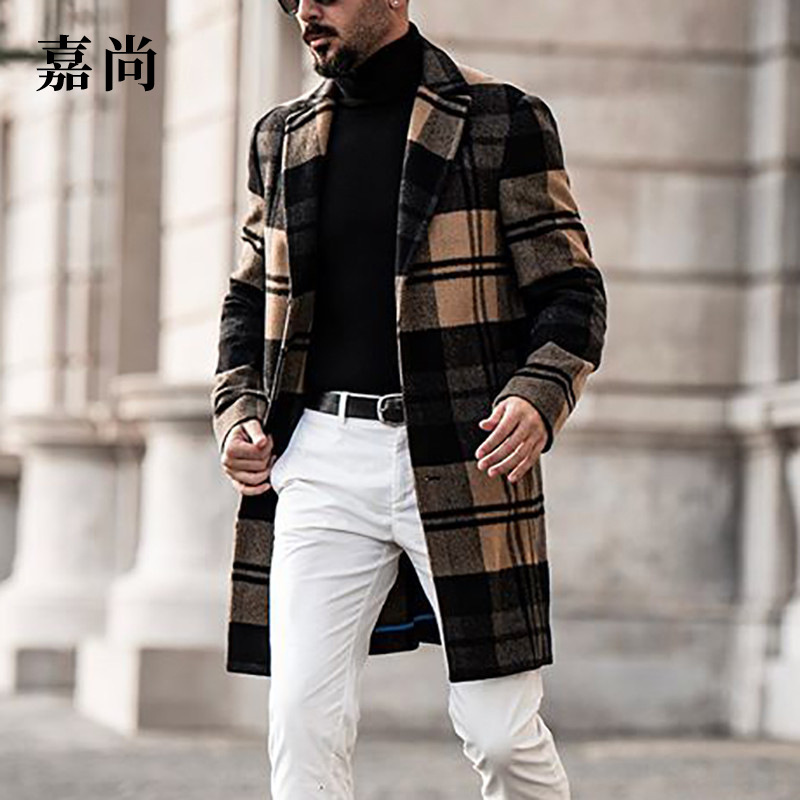 外贸ebay欧美男士秋季2024新款 休闲格子毛呢外套中长款大衣外套