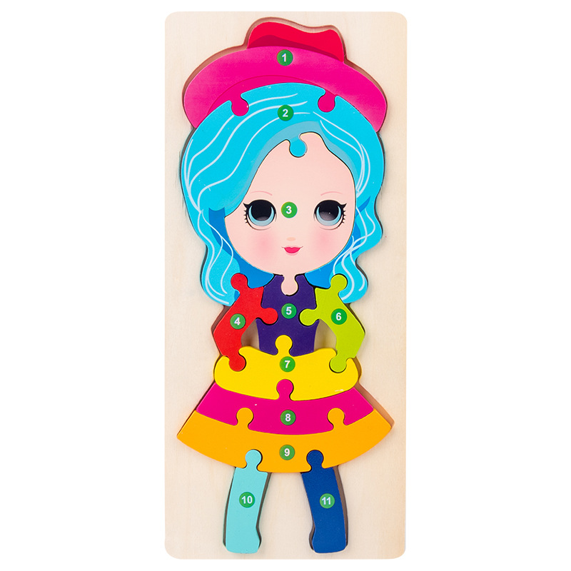 Rompecabezas de animales de dibujos animados tridimensional de madera transfronteriza rompecabezas hebilla grande bloques de construcción de juguetes de educación temprana para niños al por mayor