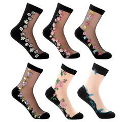 奈絲襪子春夏新款水晶絲襪女士中筒花朵性感薄款透明棉底玻璃絲襪