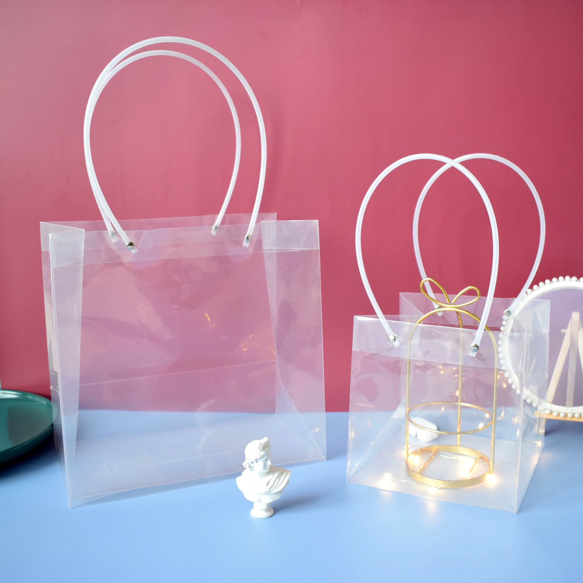 Thickened Transparent pvc Handbag Plastic Bag Oversized Flower Garment Packaging Bag ins Accompanying Gift Box Bag