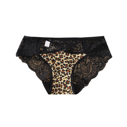 New leopard print combination ice silk sexy lace women's underwear, mid-low waist leopard print sexy underwear for women manufacturer