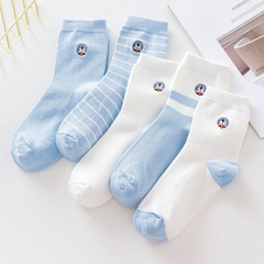 2020 Autumn/Winter New Women's Cotton Medium Calf Socks, Fashion, Japanese-style Embroidered Cartoon Calf Socks, Factory Wholesale