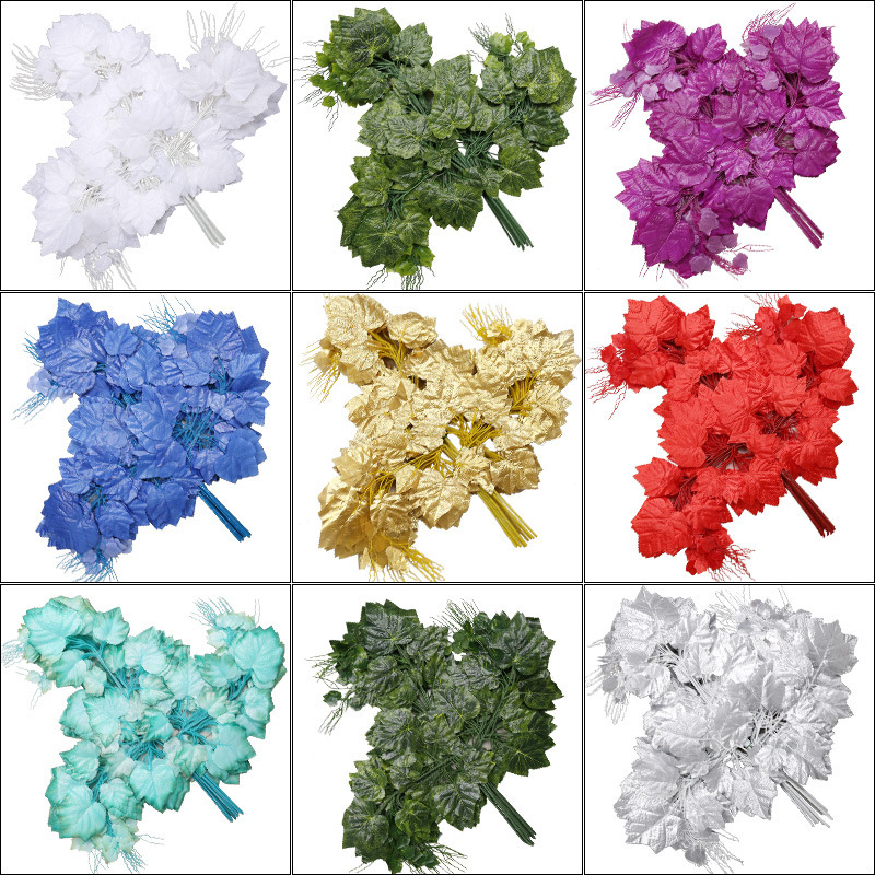 Hojas artificiales al por mayor transfronterizas hojas falsas 3-rama de plástico HOJA DE Banyan hoja de arce hoja de uva de plástico decoración del paisaje