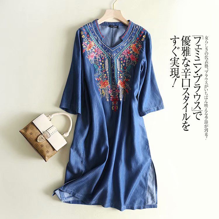 retro ethnic long denim dress