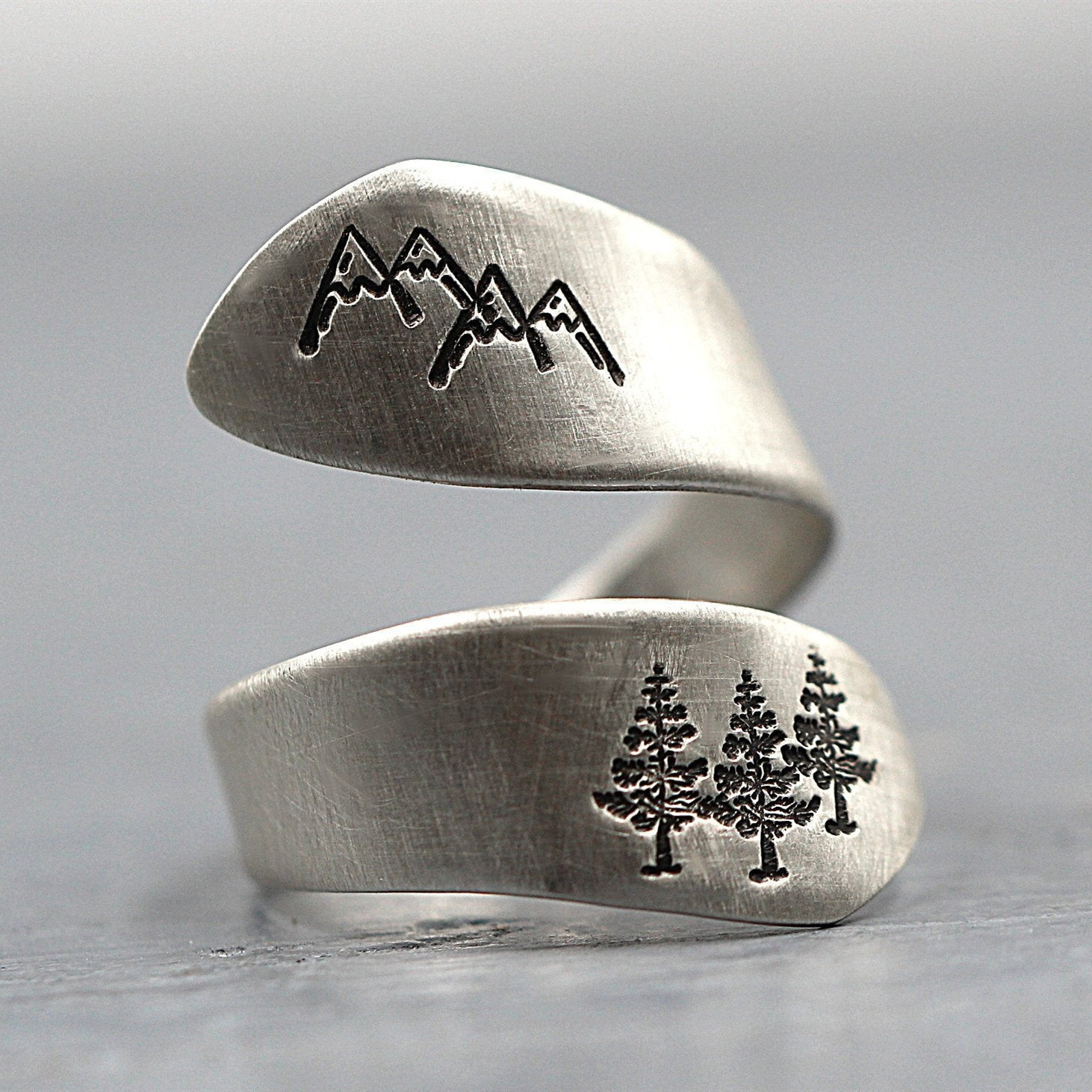 Mountain And Forest Adjustable Open Ring For Women Sterling Silver_voghion.com