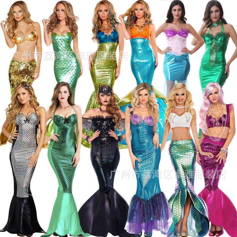 Halloween Costume Adult Mermaid Princess Long Dress Sequins Cosplay Performance Evening Dress Sexy Wrap Chest