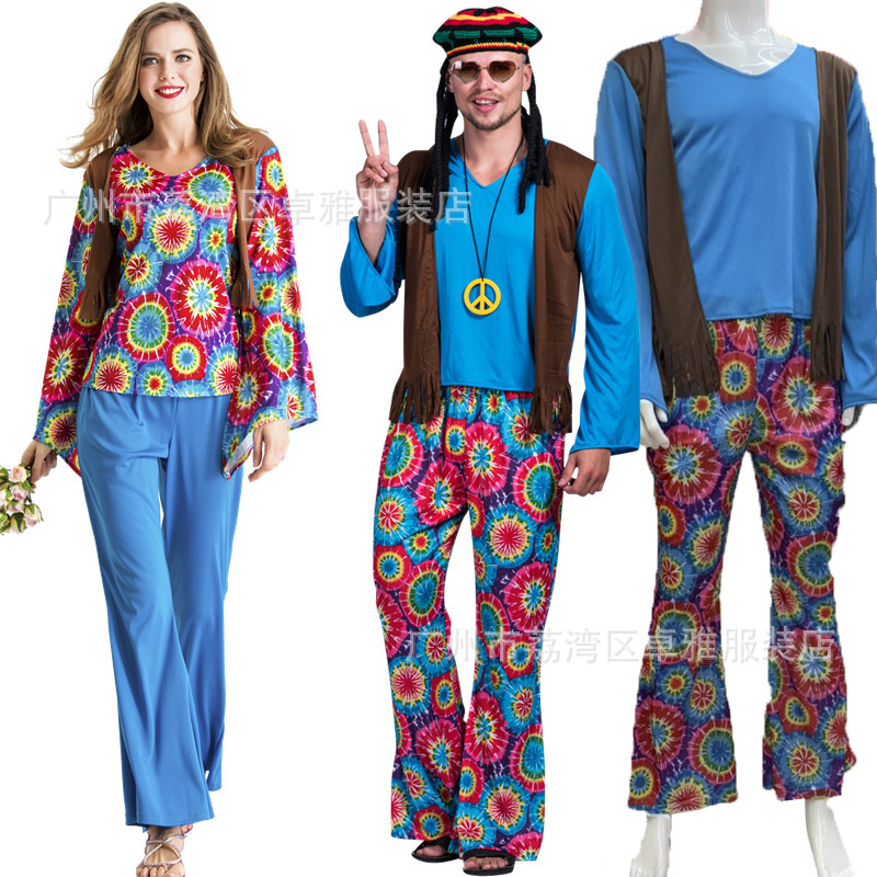 New Size Split Halloween Costume Men and Women Couple Retro 70 s European and American Disco Hippie Ball Costume