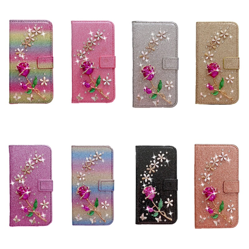 Rose Glitter Powder Suitable for Iphone17Promax Mobile Phone Case Apple 16 Card Wallet 15 Protective Leather Case 14
