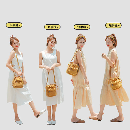Casual literary retro one-shoulder canvas bag for women cross-body solid color small bag with drawstring drawstring 2024 new bucket bag