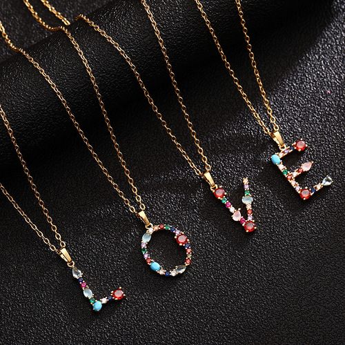 Letter Necklace for Women, 26 Letters, Copper Accented with Colorful Zirconia and Crystal Agate, Stainless Steel Chain Necklace