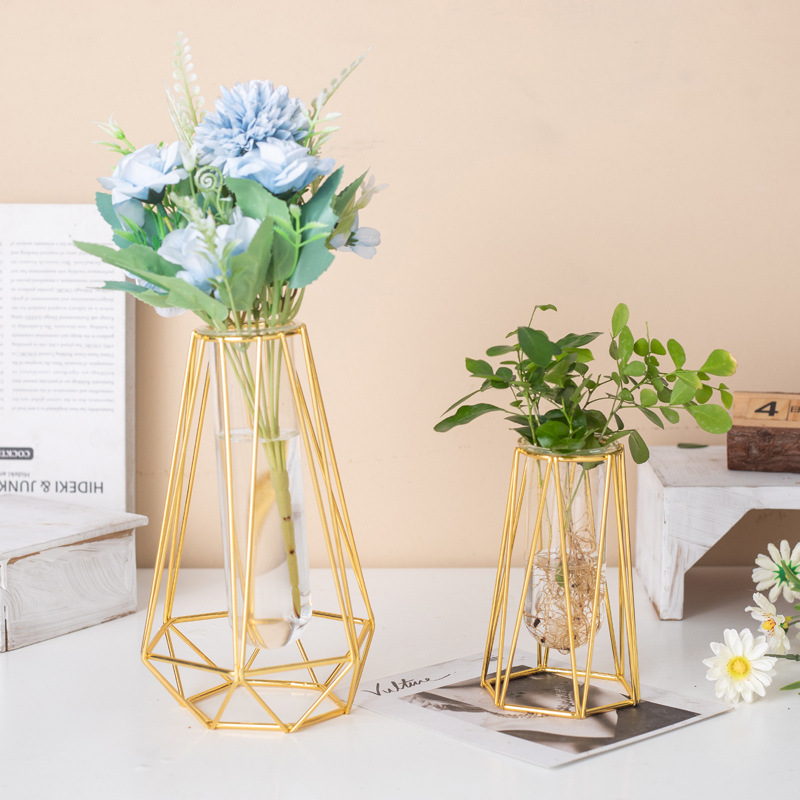 Fábrica al por mayor chapado en oro florero soporte de flores florero hidropónico arreglo de flores de vidrio flor falsa decoración de flores adornos florales