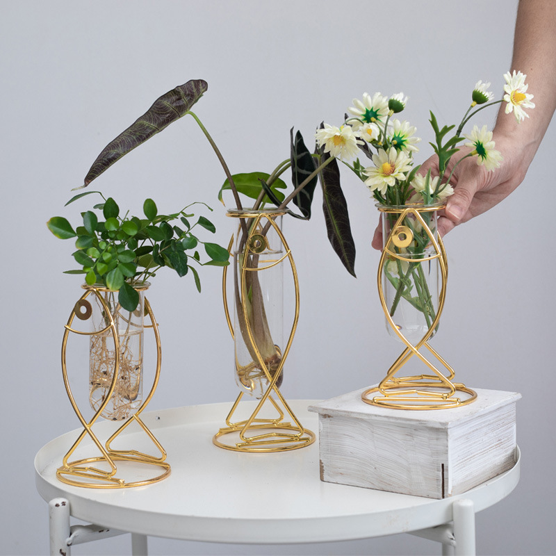 Fábrica al por mayor florero de vidrio de hierro forjado hidropónico planta verde flor seca decoración suave sala de estar comedor Mesa estudio Decoración