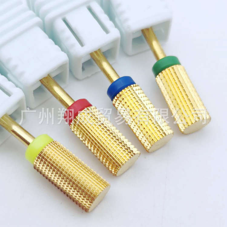 Arte de uñas de estilo japonés aleación de acero de tungsteno dorado cabeza de molienda grano recto arte de uñas de dos vías cabeza de molienda eliminación de uñas herramienta de molienda