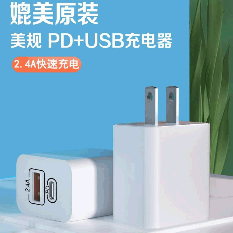 PD充电器适用于苹果安卓Type-c+USB双口美规欧规智能快充头旅行充