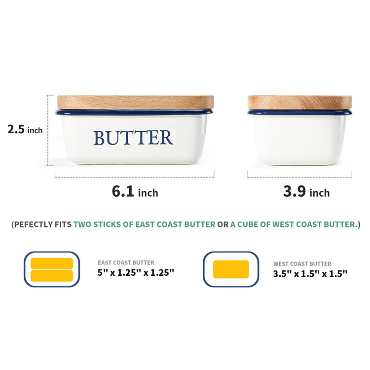 Caja de almacenamiento de esmalte de cocina de estilo occidental con tapa de madera caja de mantequilla de esmalte cuadrado Caja de mantequilla caja de esmalte de almacenamiento en stock