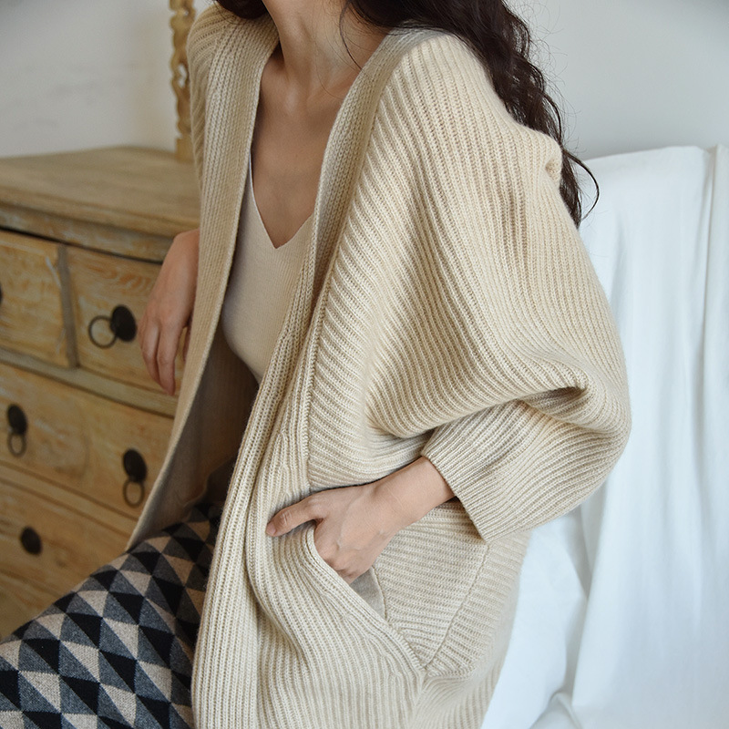 ECC autumn and winter velvet tip luxury European designer drawstring heavy mid-length pure cashmere coat knitted large sweater