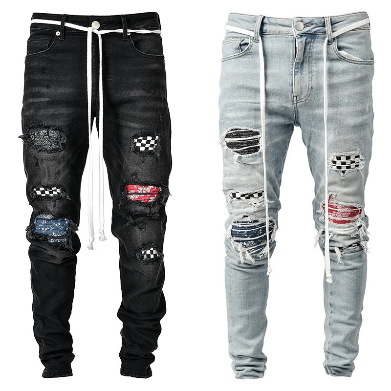 2020 European and American New Style Men's High-End Slim Fit Ripped Skinny Jeans Casual Versatile