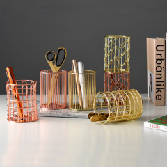 Creative Nordic ins desktop iron pen holder electroplated metal simple cosmetics round storage bucket wholesale