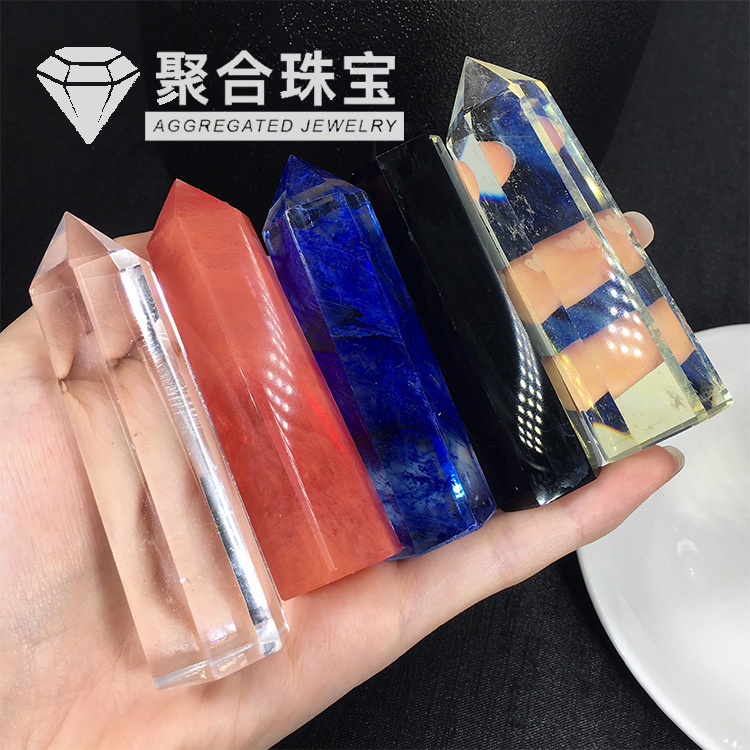 人造水晶柱熔炼石单尖六棱柱摆件红黄蓝黑白水晶单尖柱消磁水晶石