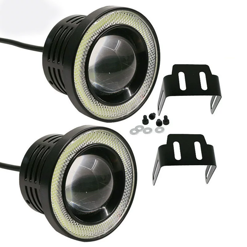 Автомобильные LED противотуманные фары с ангельскими кольцами COB, дневные ходовые огни, модифицированная «рыбий глаз» линза, отверстие 76 мм/89 мм