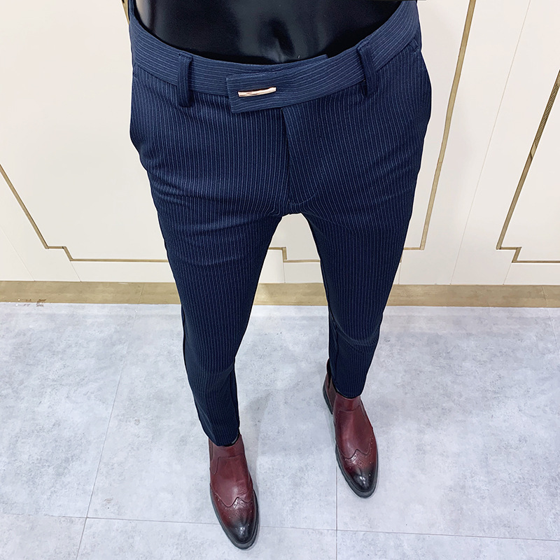 Pantalones de traje de hombre 2021 Otoño e Invierno Nuevos pantalones ajustados casuales de negocios coreanos a rayas engrosados al por mayor de los hombres image 9