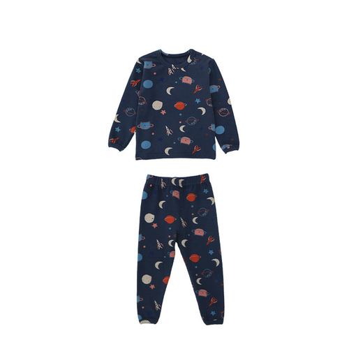 Children's autumn and winter cartoon wool pull-up home clothes baby round neck underwear boys and girls pajamas autumn clothes suit trendy