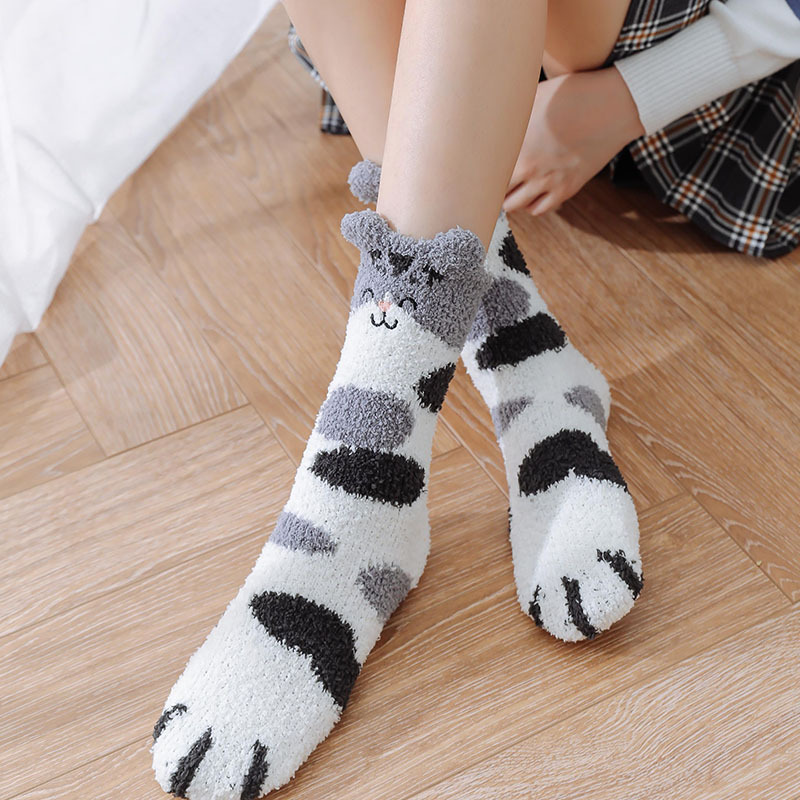 Calcetines de invierno calcetines de media pantorrilla para mujer Otoño e Invierno forrados de lana engrosada gato afortunado terciopelo de coral cálido ins moda lindo estudiante Calcetines